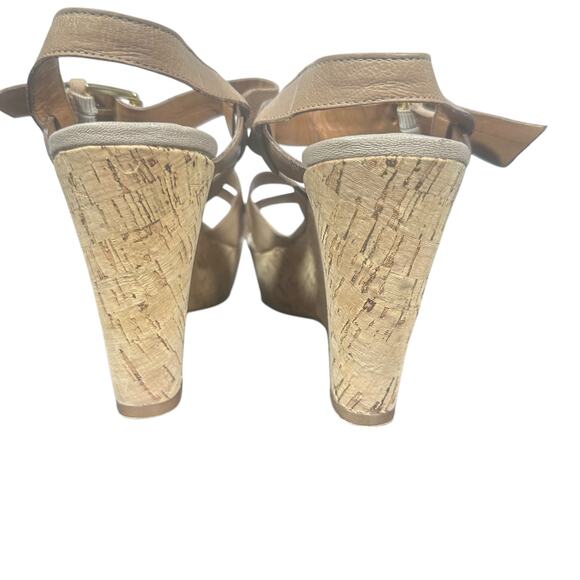 Franco Sarto Beige Leather Wedge Sandals 8.5M Strappy Cork Heel Summer Shoes - Picture 5 of 11